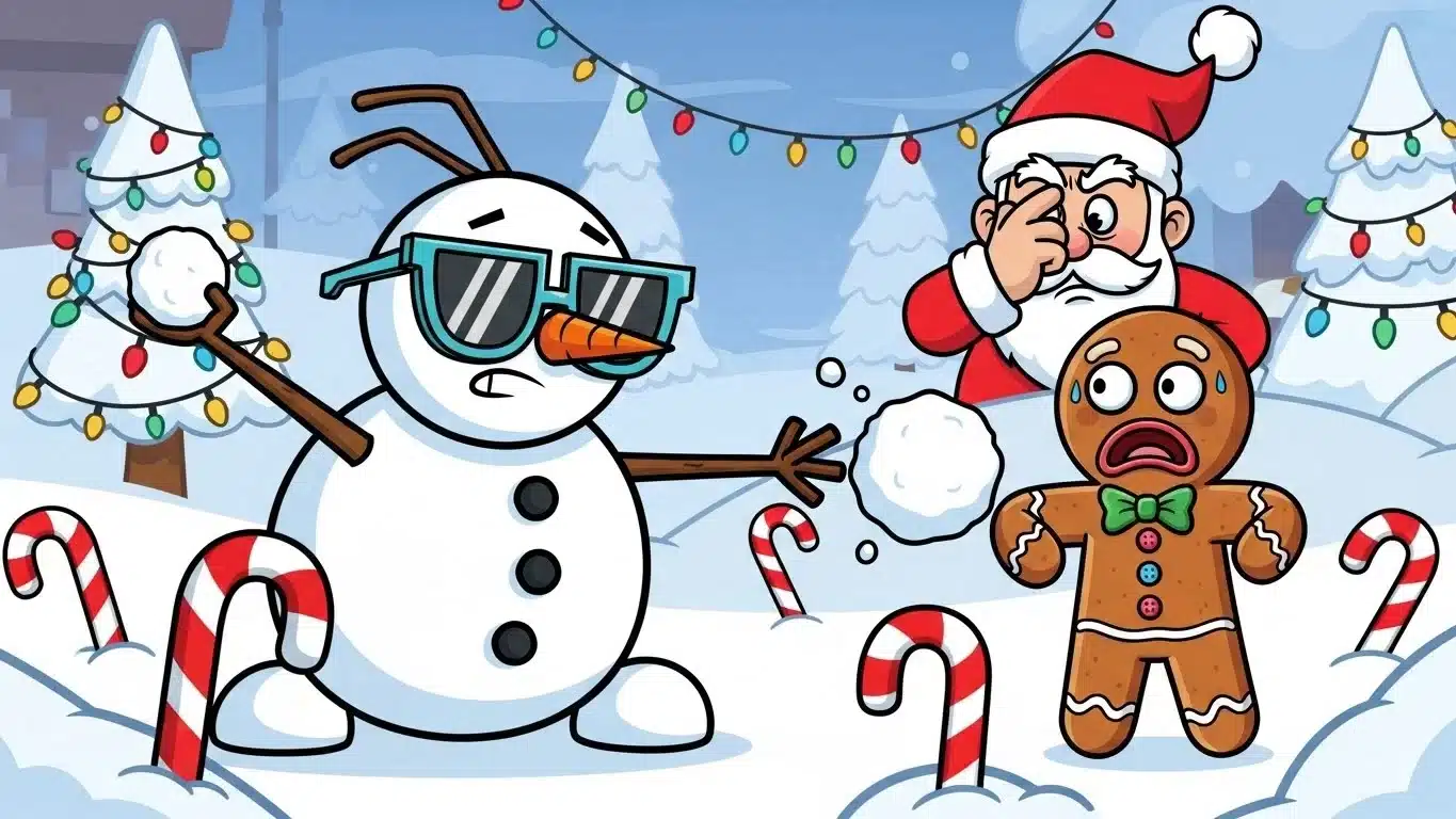 Cool snowman and worried gingerbread man in comedic winter scene