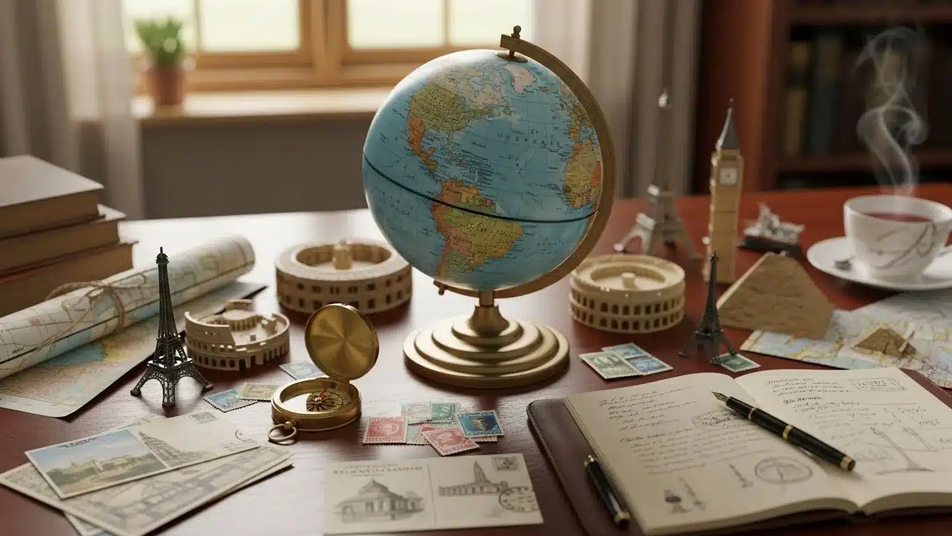 125+ Riddles About Locations with Answers — Ultimate Puzzle List for Geography Fans & Treasure 5 Desktop globe with vintage compass, maps, and travel memorabilia collection