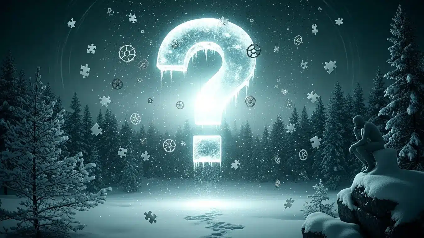 Mysterious glowing question mark in snowy forest winter scene