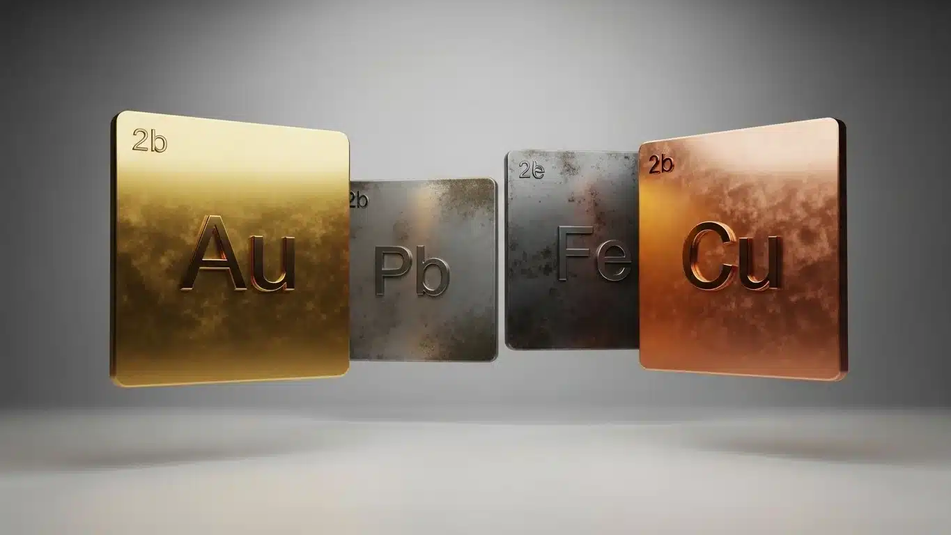 Metal periodic table element cards showing Au, Pb, Fe, and Cu symbols