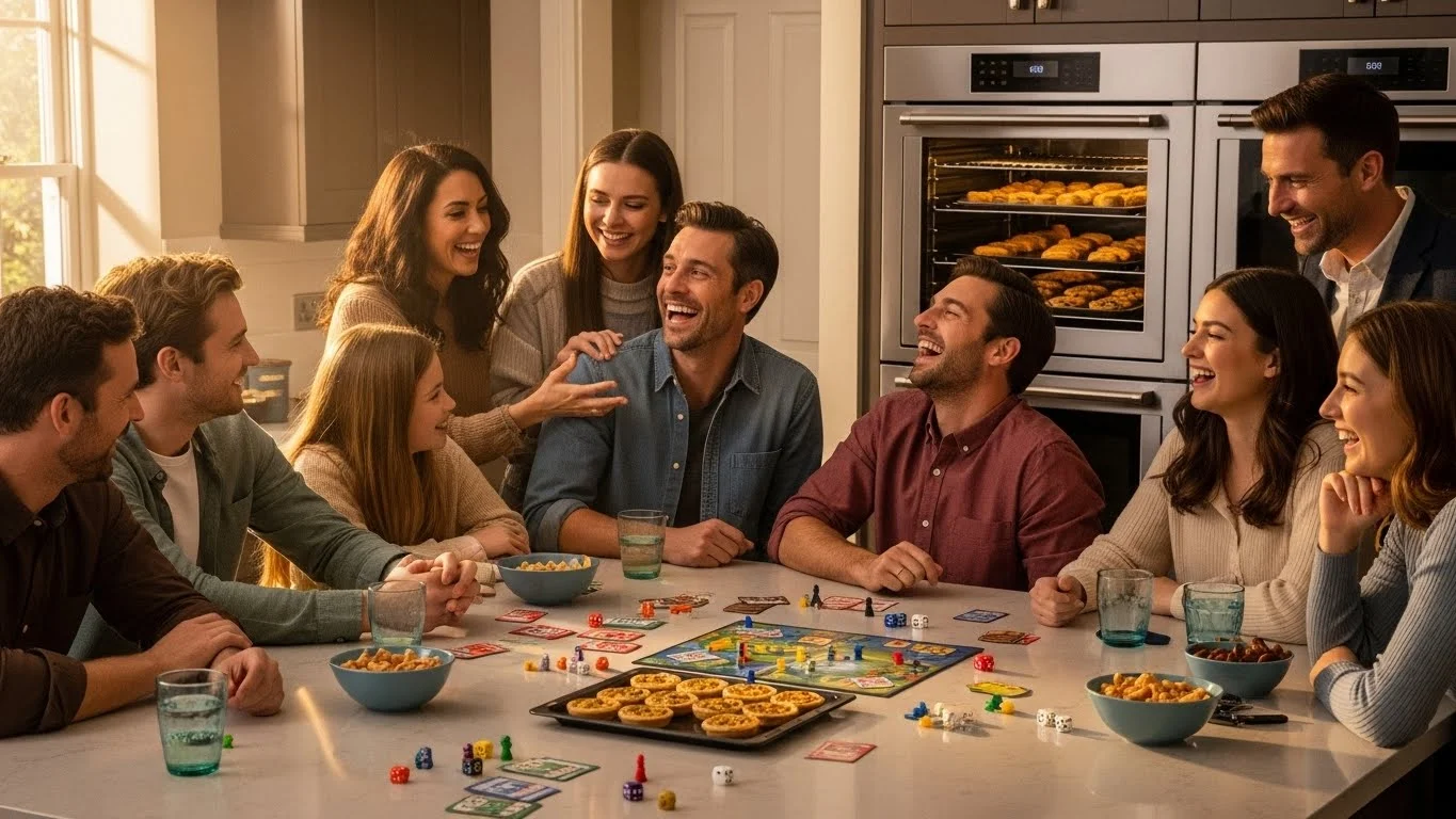 Friends gathered around kitchen table playing riddle games together