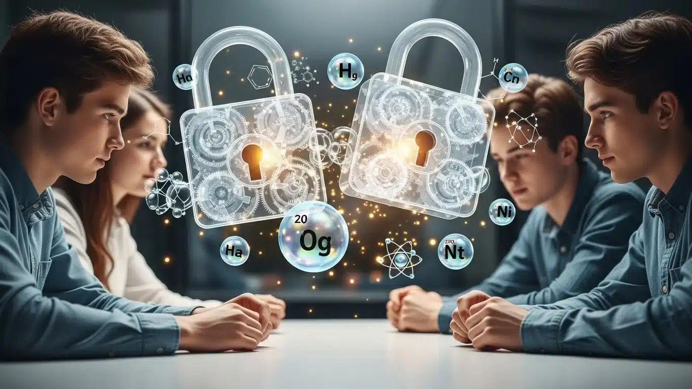 Students solving chemistry puzzles with glowing element symbols and lock icons