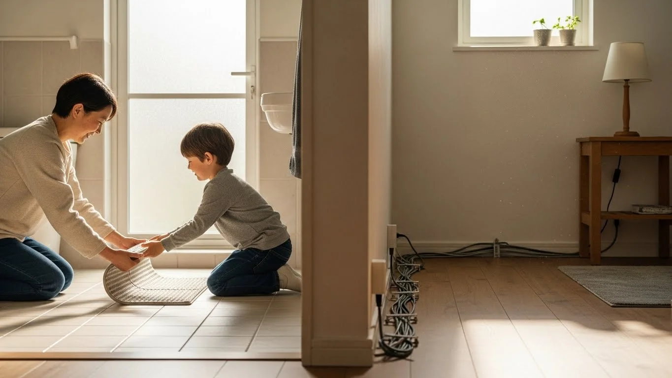 Stop Ignoring Workplace Safety: 125+ Safety Riddles That Could Actually Save a Life. 4 Parent teaching child about electrical cord safety at home doorway