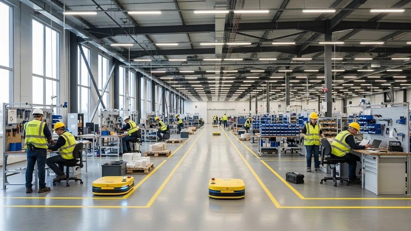 Stop Ignoring Workplace Safety: 125+ Safety Riddles That Could Actually Save a Life. 9 Modern warehouse with workers in safety vests and automated robots