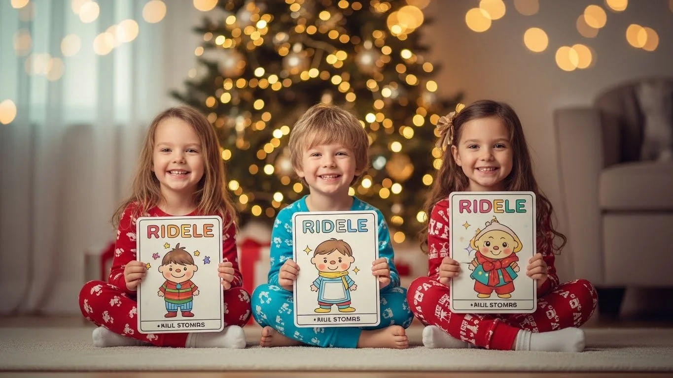 Three happy children holding colorful Christmas riddle cards in pajamas
