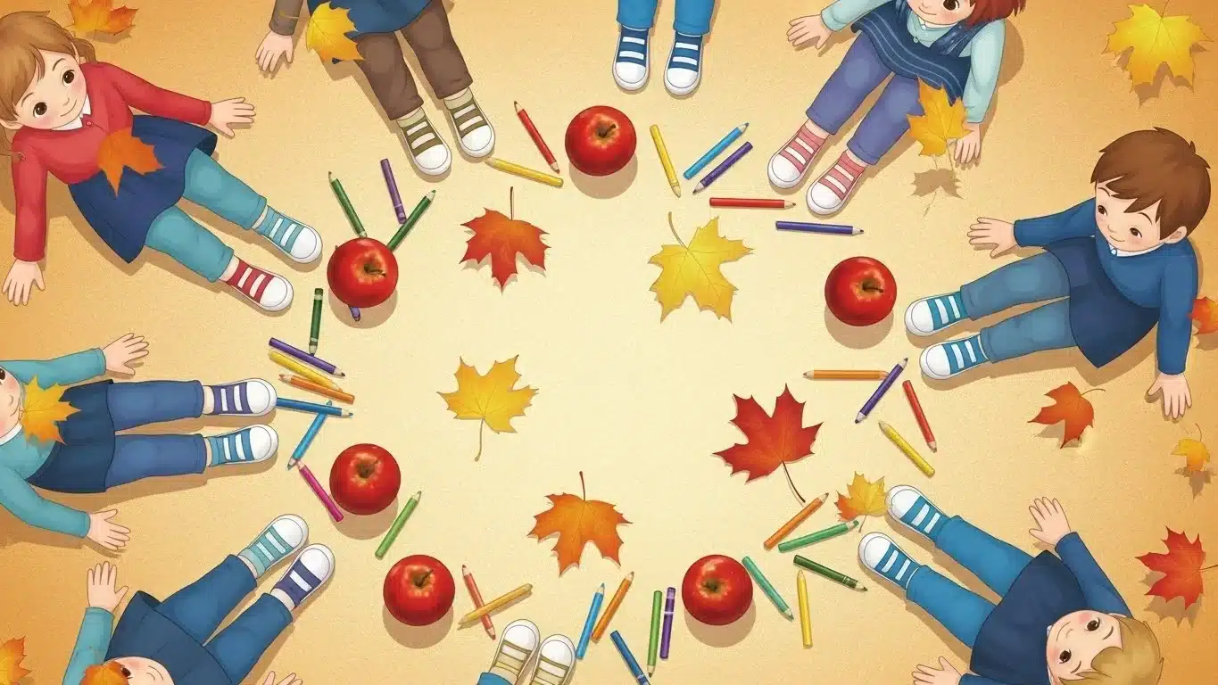 Children in circle solving fall riddles with autumn leaves and apples