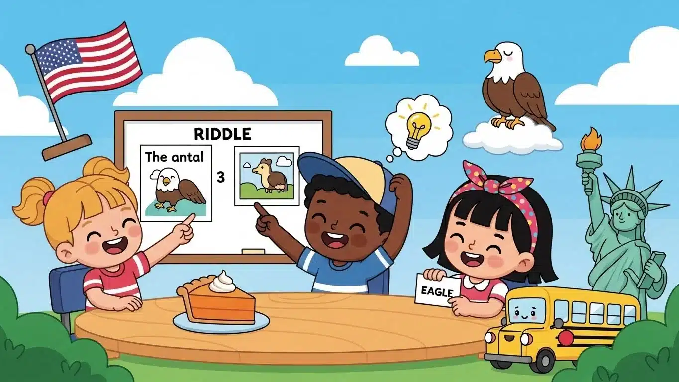 Happy children solving American riddles in educational classroom setting