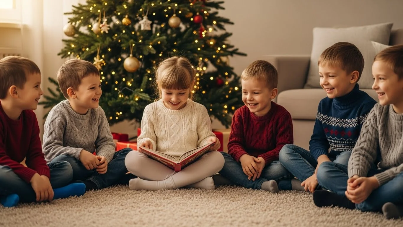 Six children sitting around Christmas tree reading reindeer riddles book together