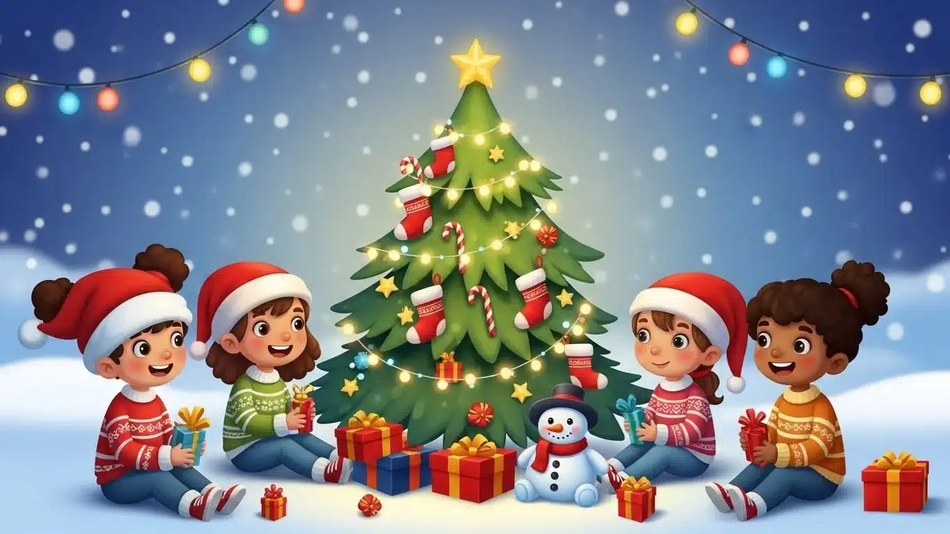 Children in Santa hats solving festive riddles by Christmas tree