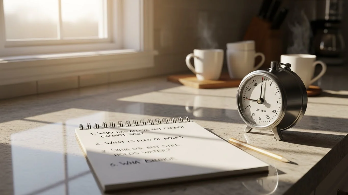 Notebook with handwritten oven riddles beside timer on kitchen counter