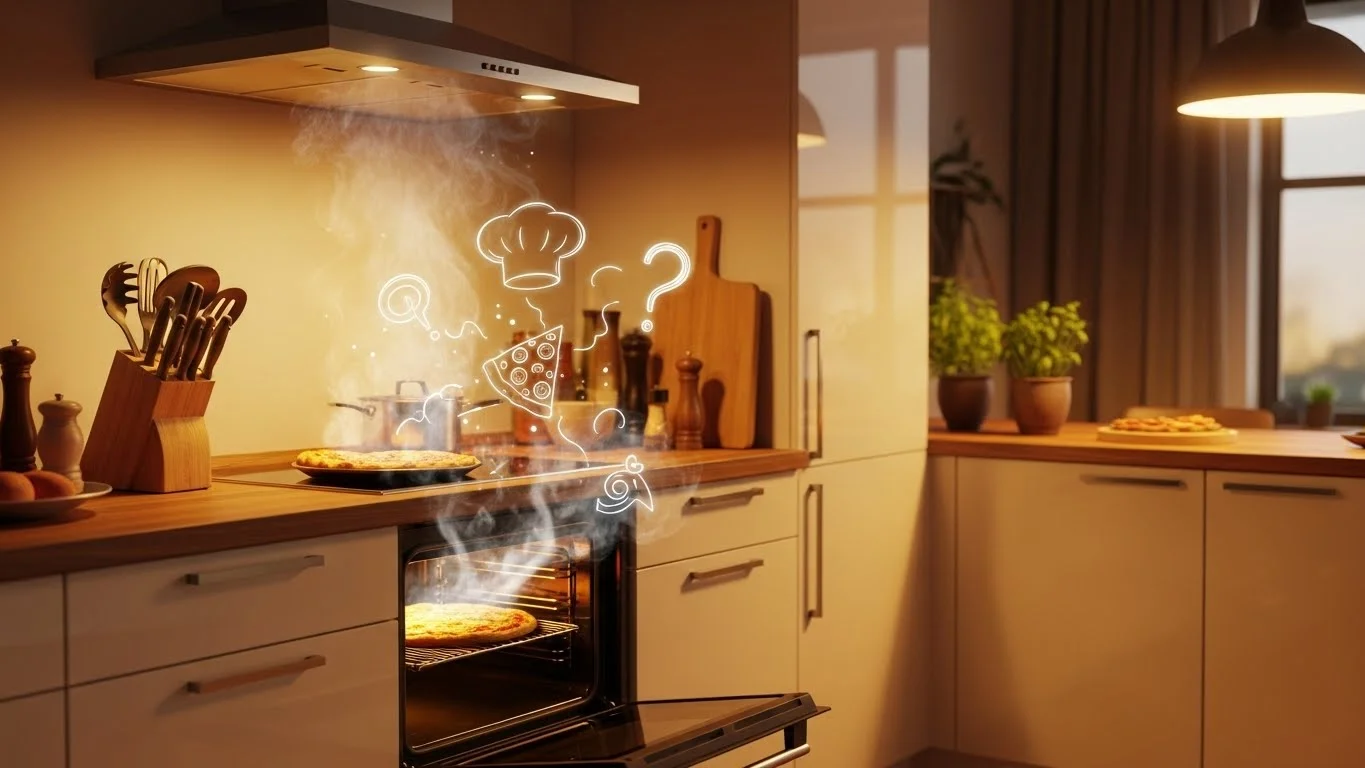 Warm kitchen scene with illustrated riddle symbols in rising steam