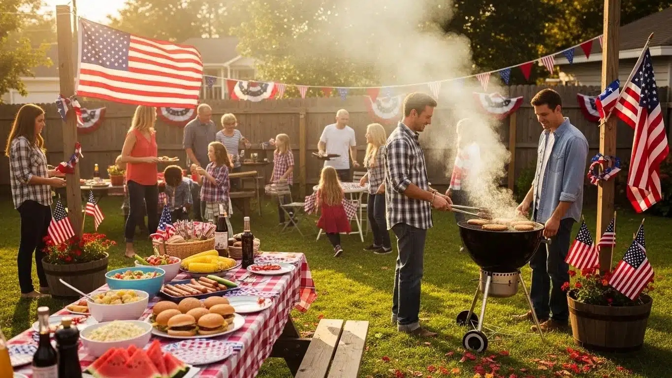 Labor Day backyard barbecue celebration with American flags in September