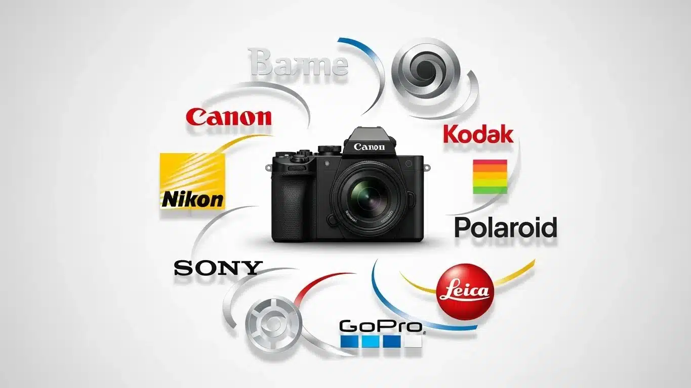 Canon Nikon Sony camera brand logos around professional camera