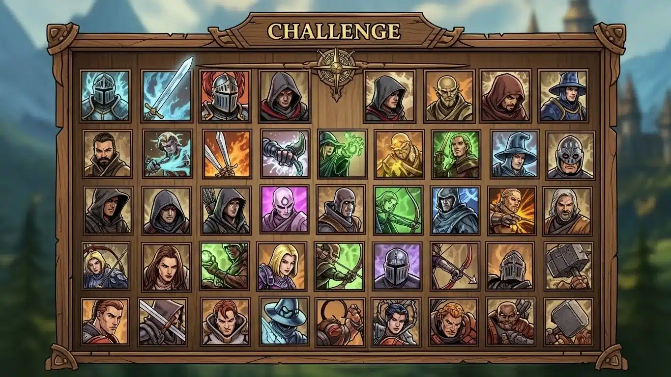 Fantasy RPG character selection grid for riddle challenge game