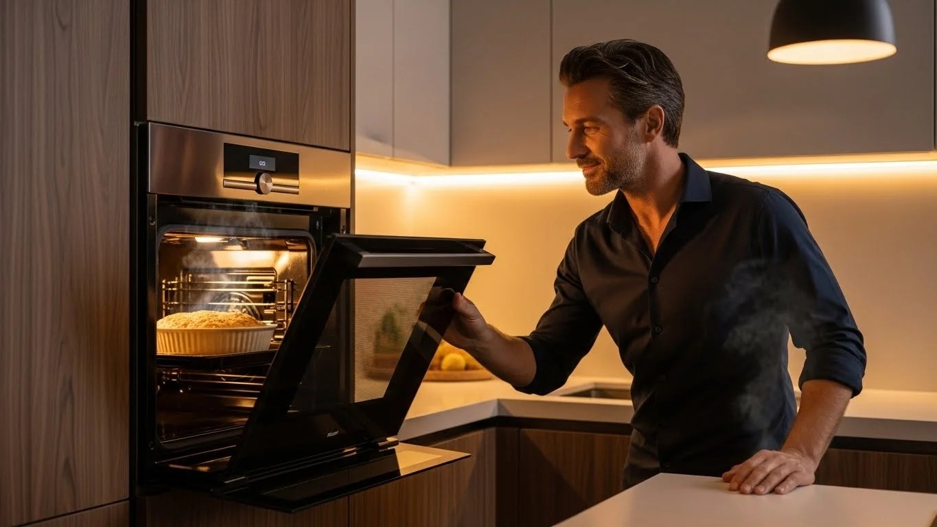 Man checking dinner in contemporary built-in kitchen oven