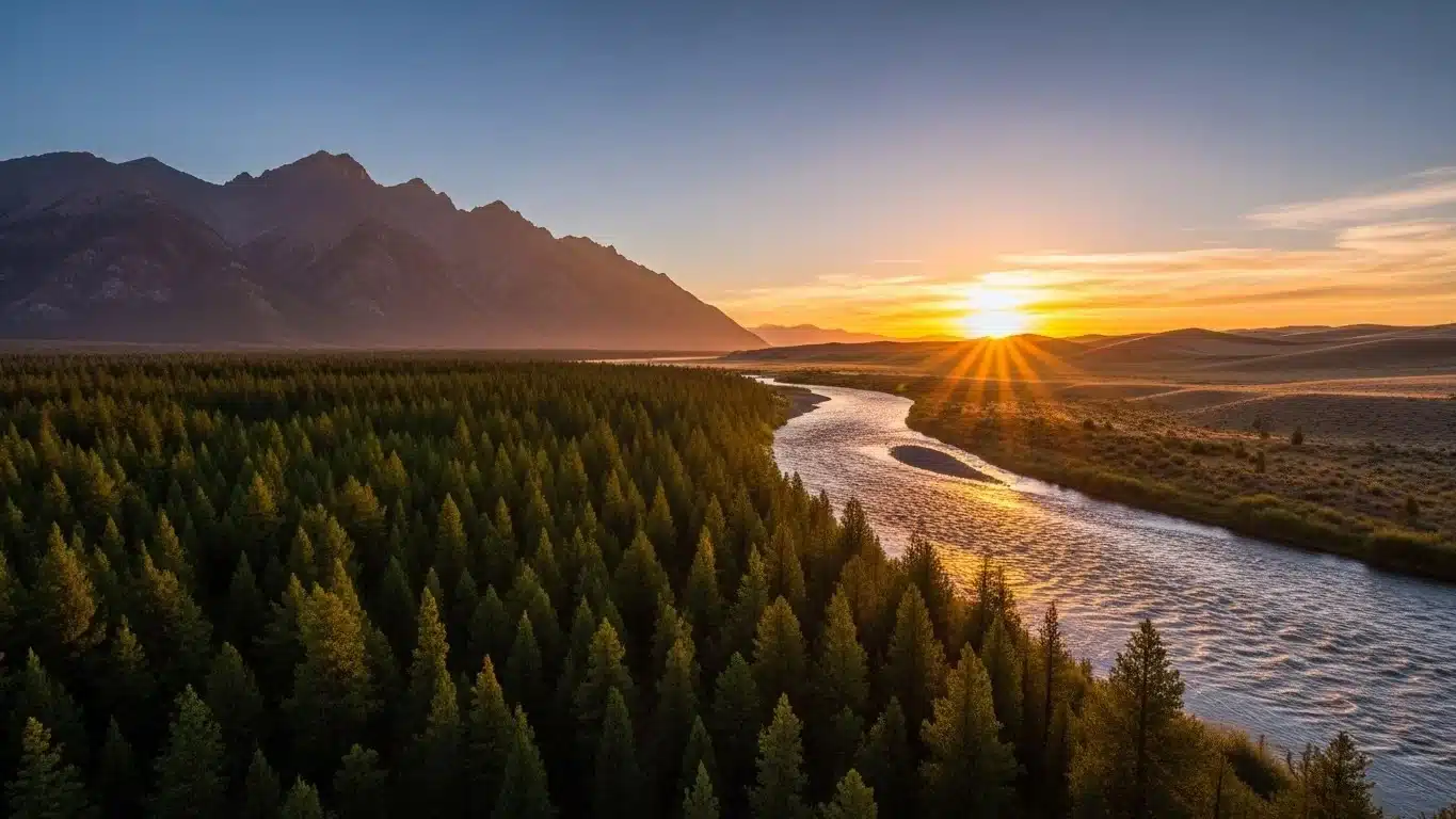 125+ Riddles About Locations with Answers — Ultimate Puzzle List for Geography Fans & Treasure 3 Sunset over winding river through pine forest with mountain backdrop