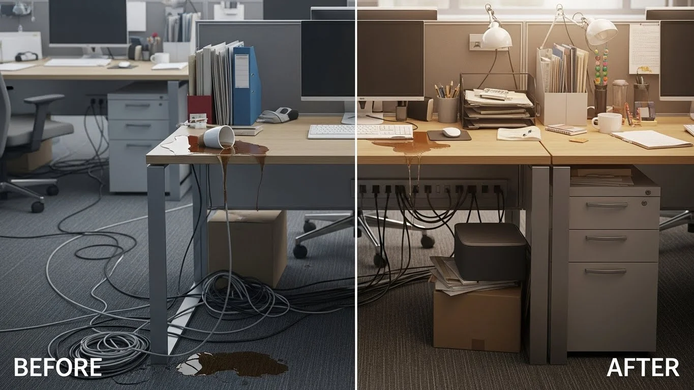 Stop Ignoring Workplace Safety: 125+ Safety Riddles That Could Actually Save a Life. 10 Office desk before and after showing cable hazard cleanup transformation
