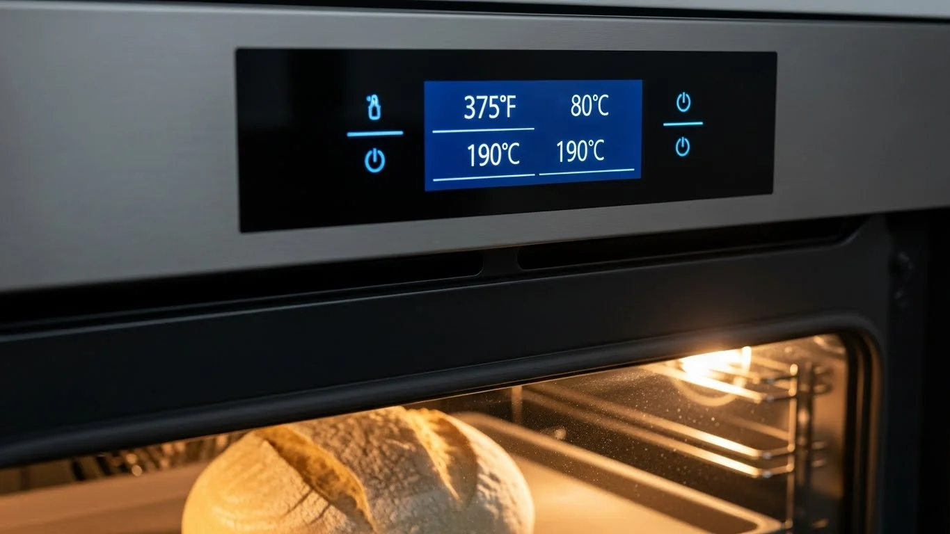 Digital oven control panel showing temperature settings during baking