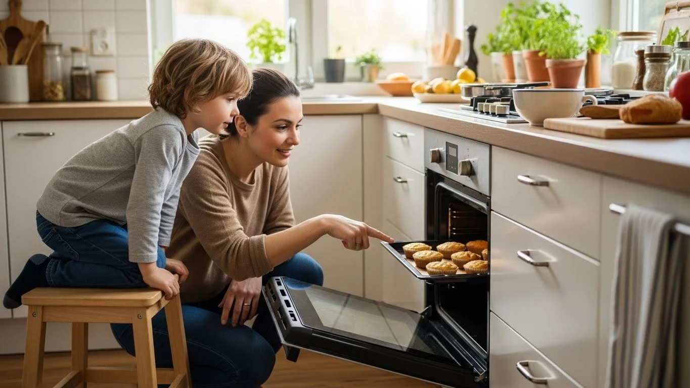 Mother and young child checking oven while baking muffins together