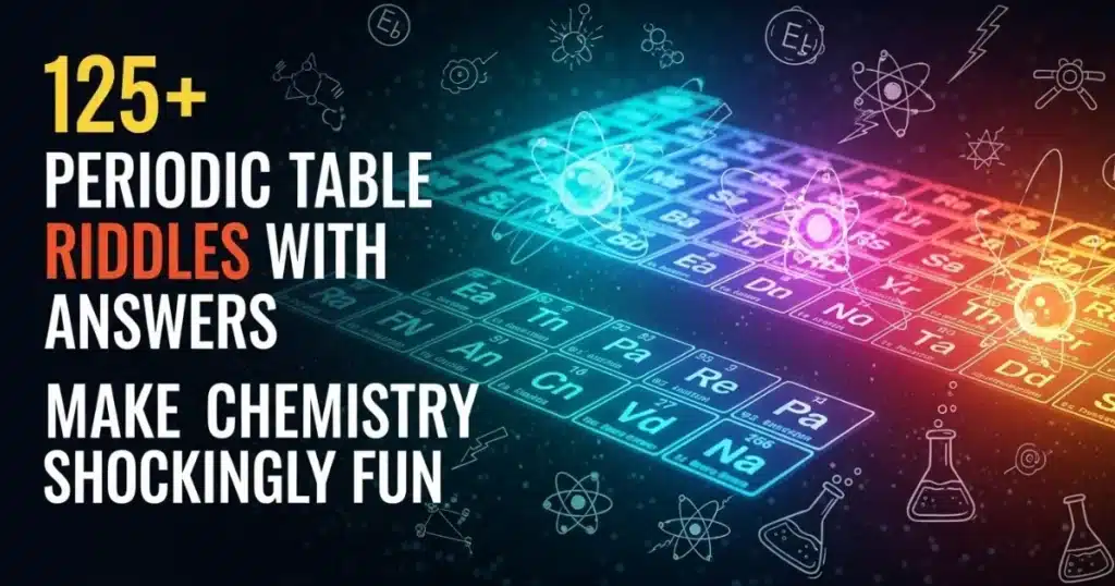 Periodic table riddles with colorful gradient background and atom icons
