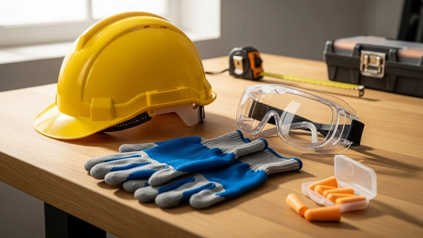 Stop Ignoring Workplace Safety: 125+ Safety Riddles That Could Actually Save a Life. 7 Yellow hard hat safety goggles and work gloves on construction table