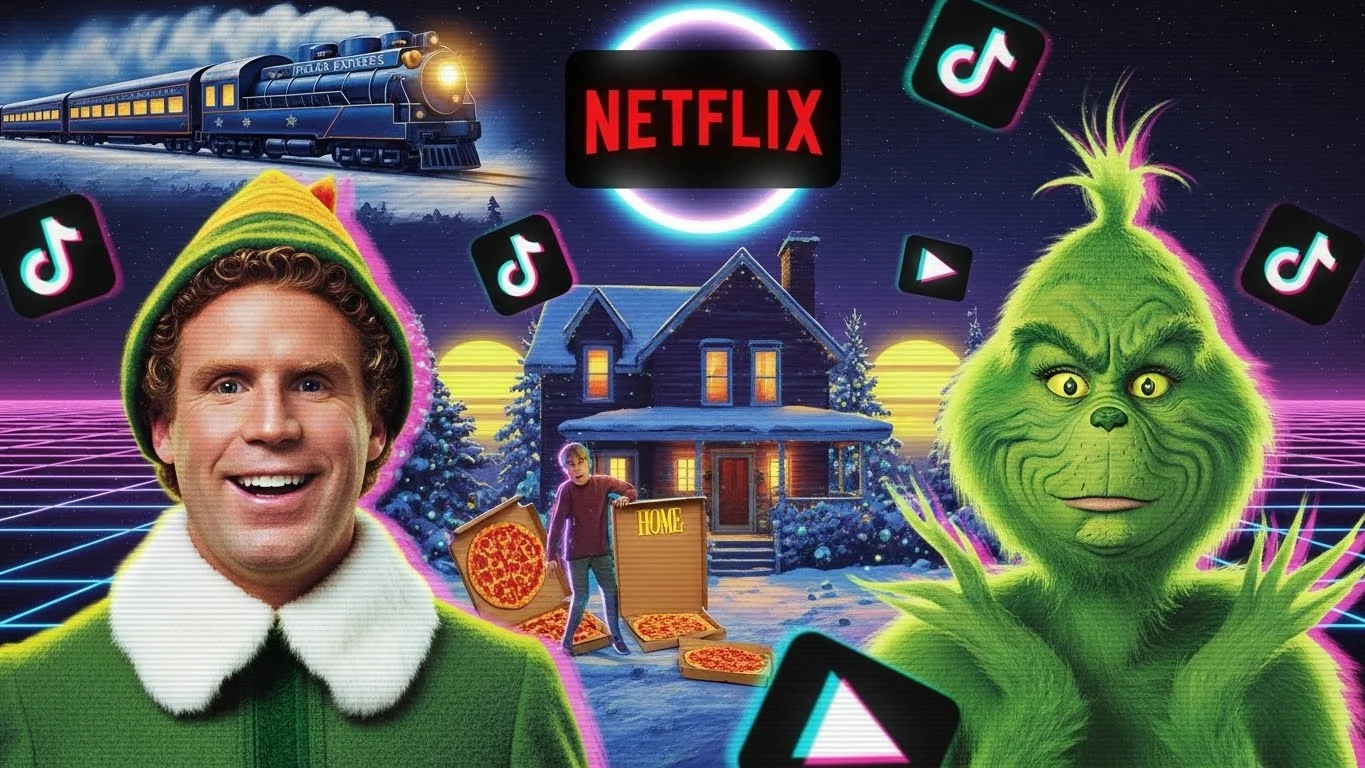 Collage of popular Christmas movie characters with modern social media elements