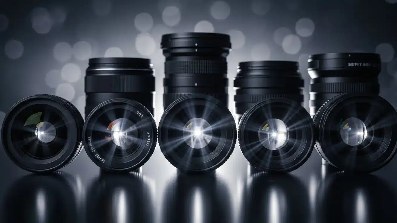 Row of professional camera lenses with light flares