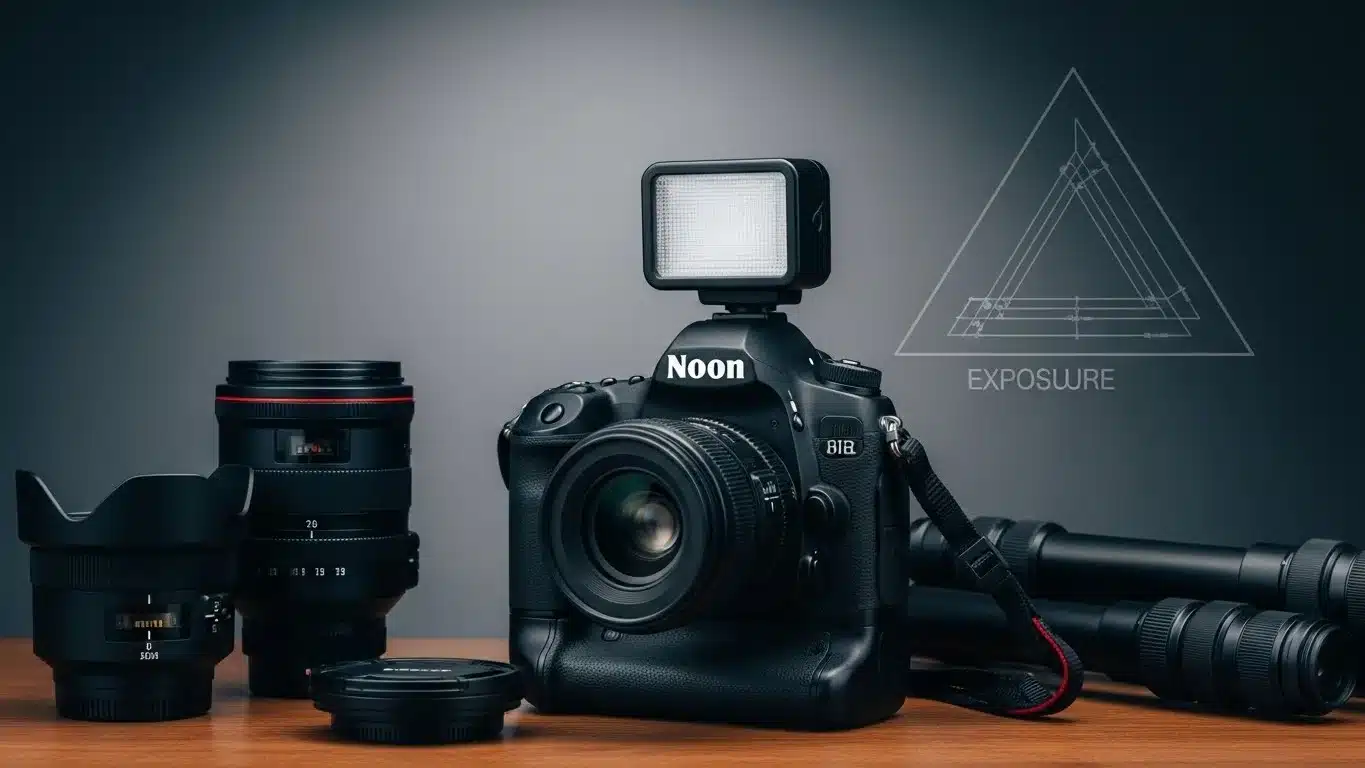 Professional camera setup with lenses and exposure triangle diagram