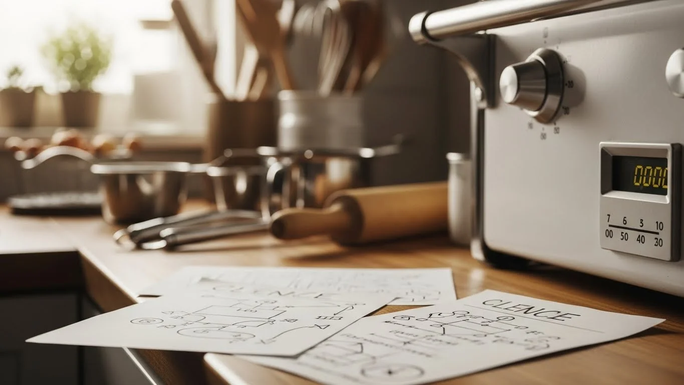 Handwritten recipe notes and calculations beside kitchen timer on counter