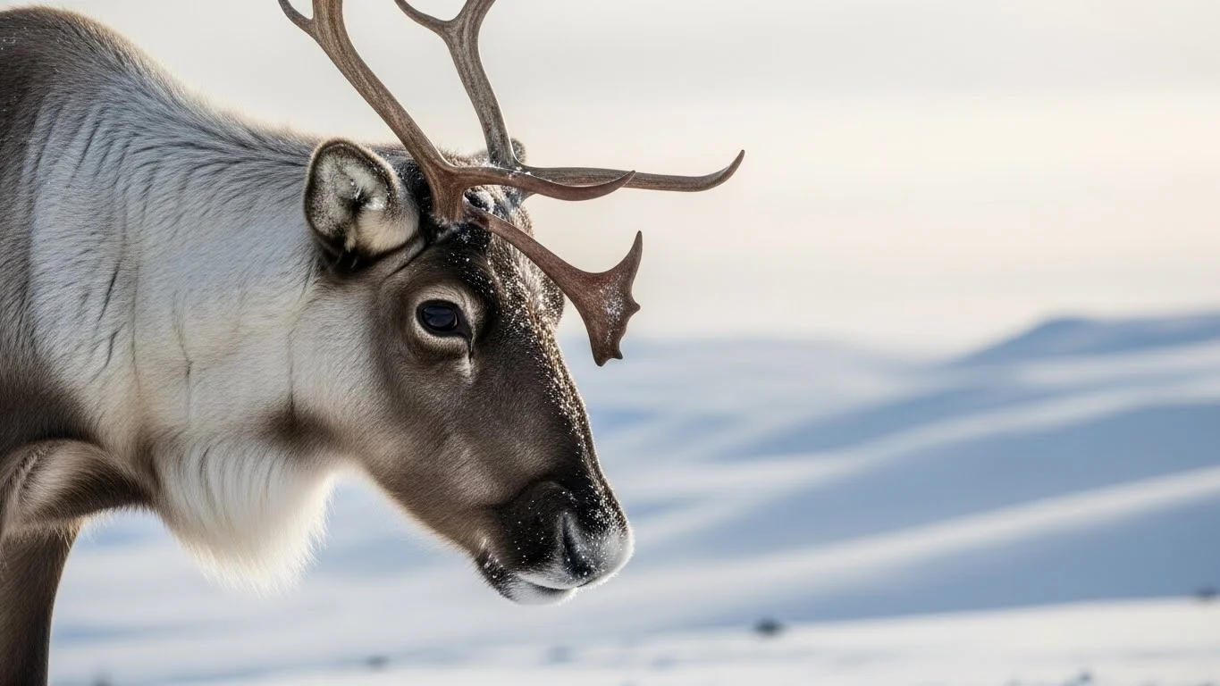 Side profile of reindeer showing detailed antlers against snowy background