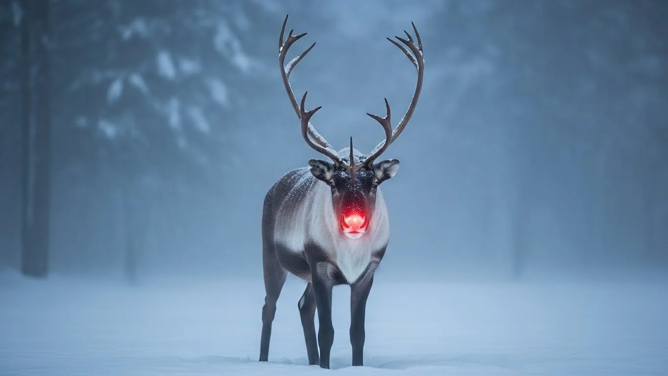 Reindeer with glowing red nose standing in misty winter forest