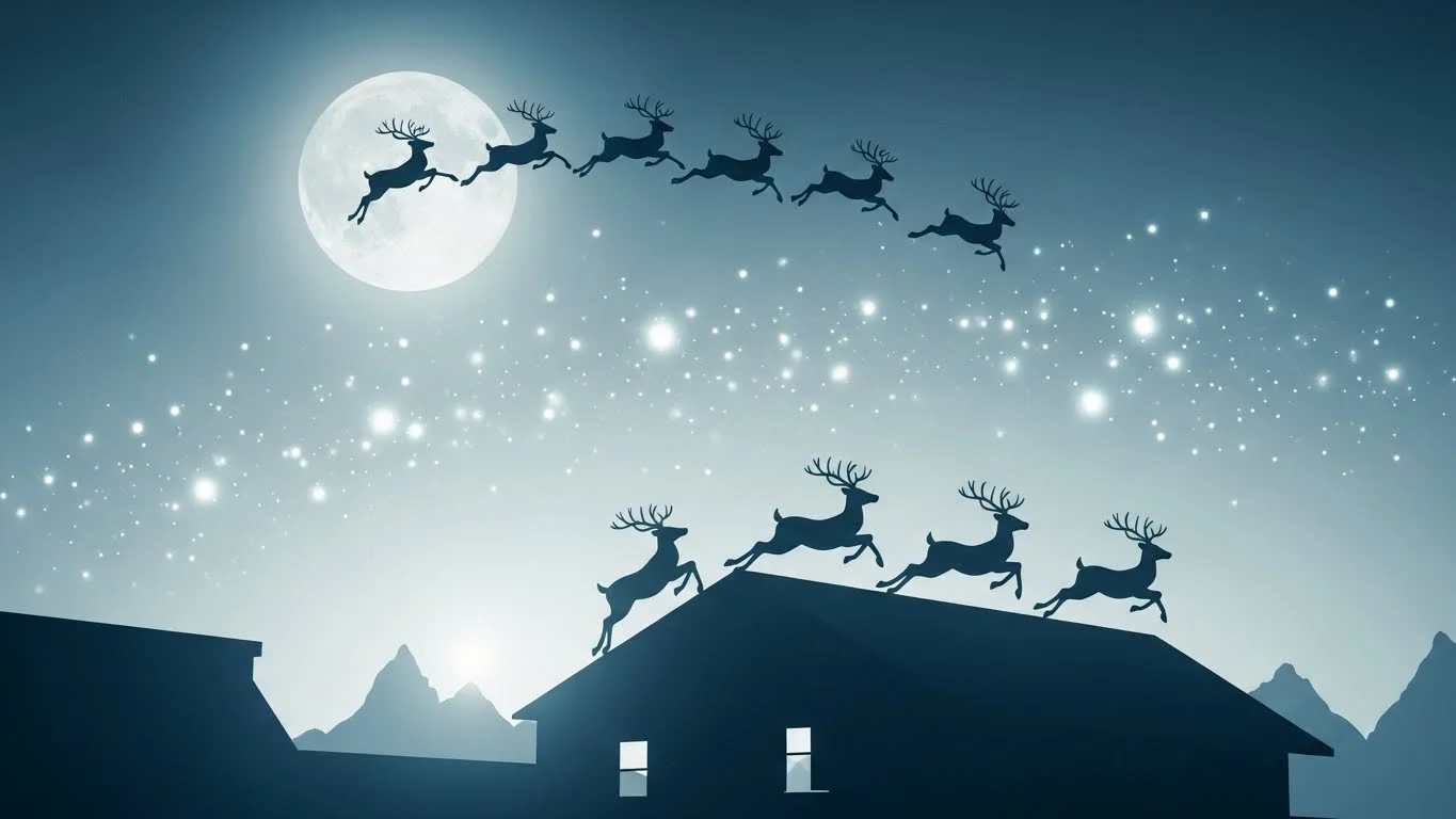 Multiple reindeer silhouettes flying across full moon above house rooftops