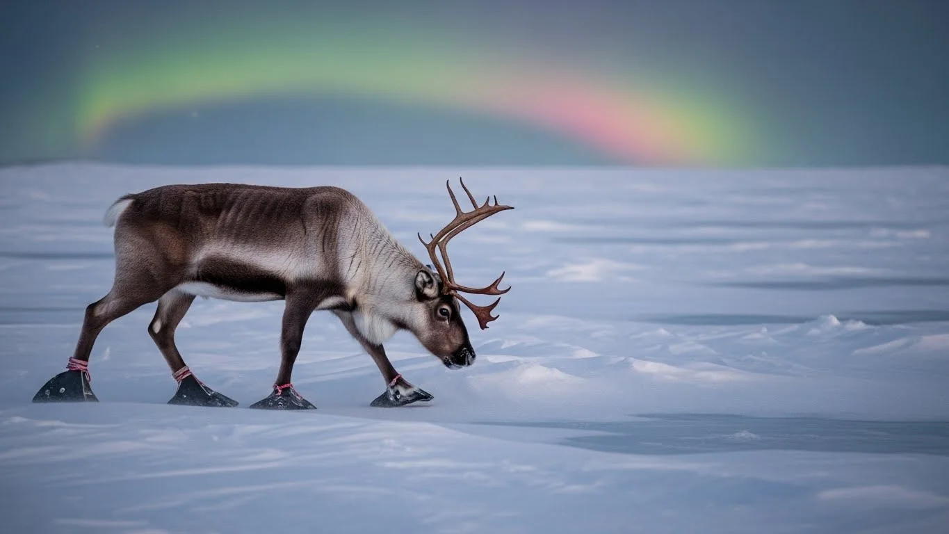 Reindeer walking across frozen tundra with aurora borealis in background