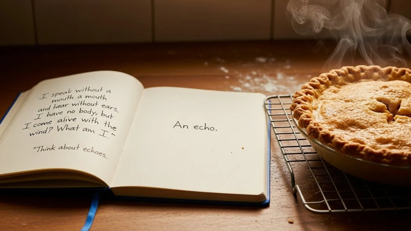 Open book displaying riddles next to steaming homemade pie