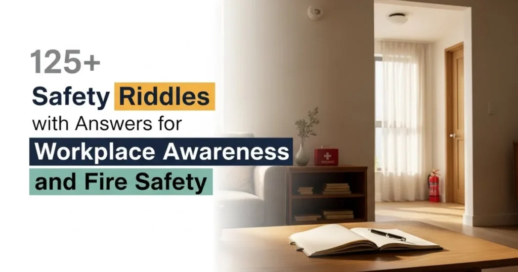 Safety riddles book on desk with fire extinguisher in workplace office