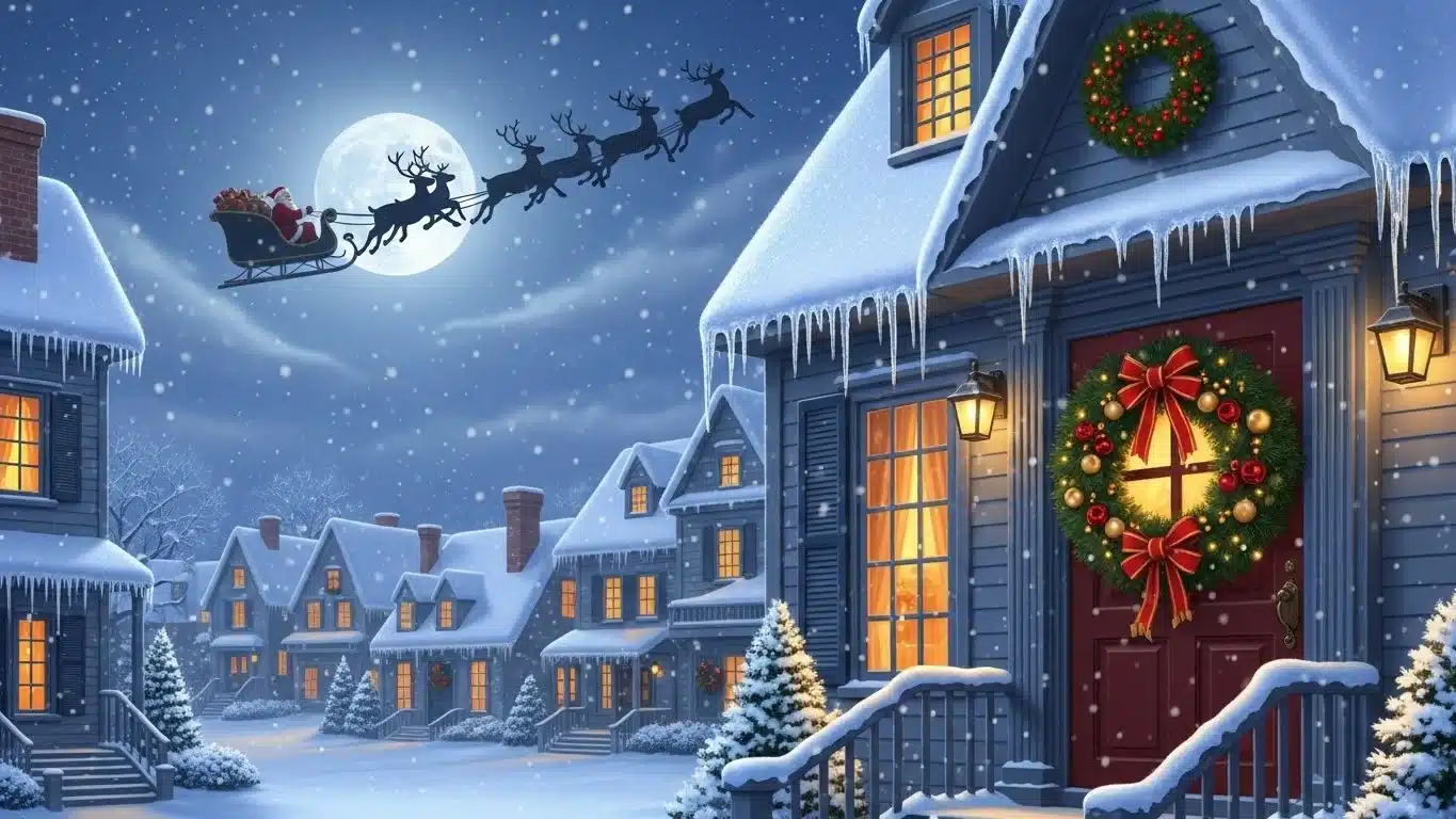 Santa's sleigh flying over snowy village on Christmas Eve night