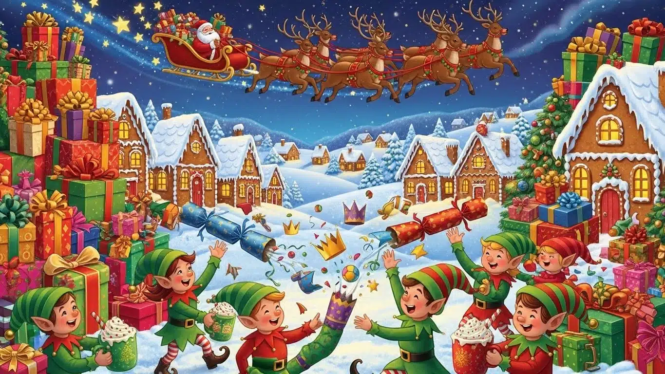 Santa's workshop with elves distributing presents in magical village