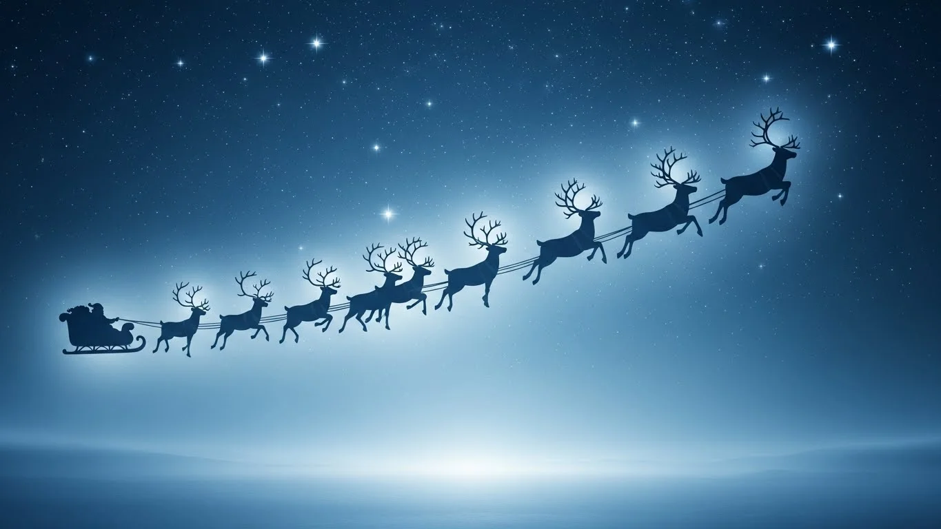 Silhouette of Santa's sleigh pulled by nine reindeer across starry night
