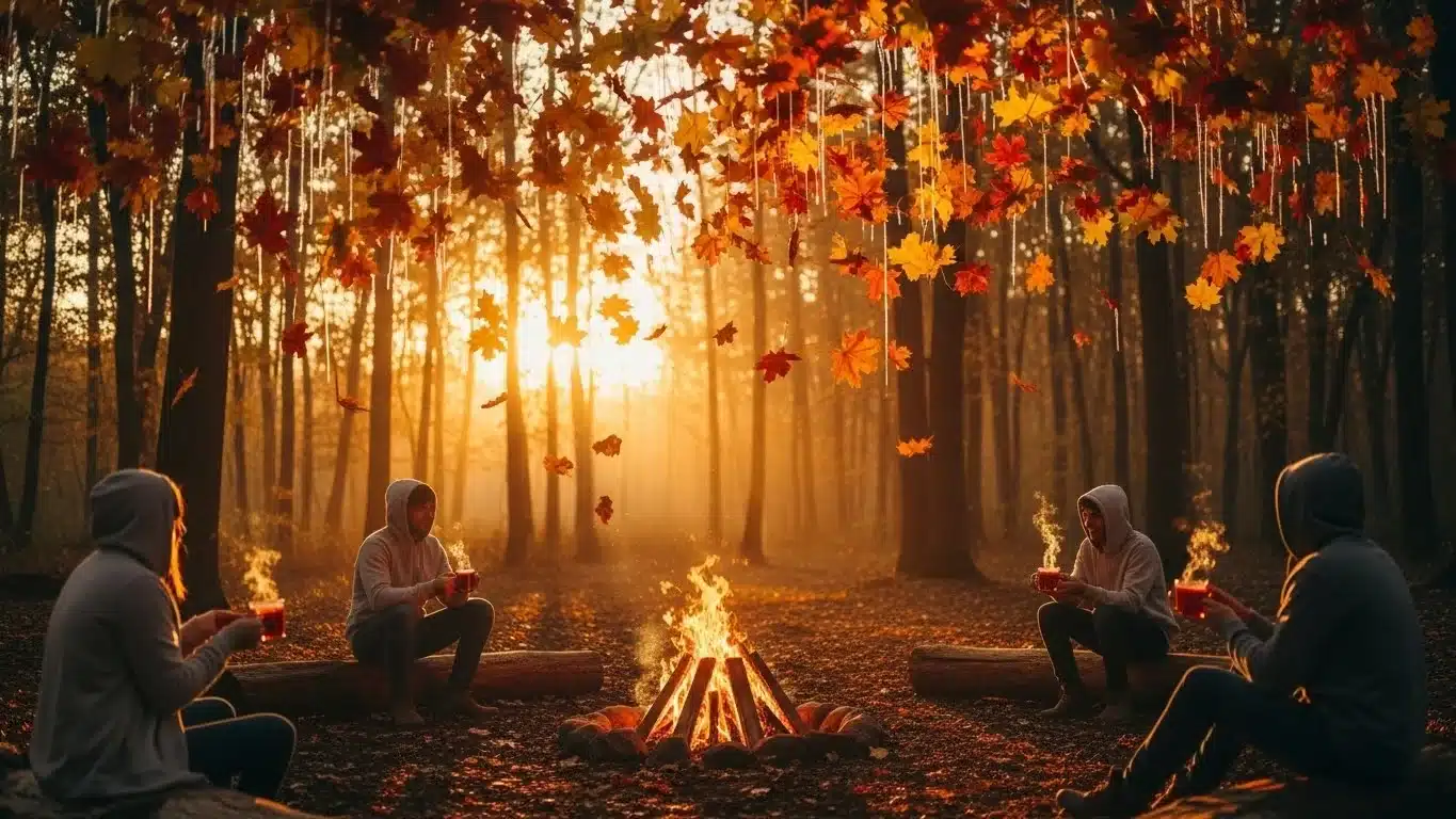People gathered around campfire in autumn forest with falling leaves