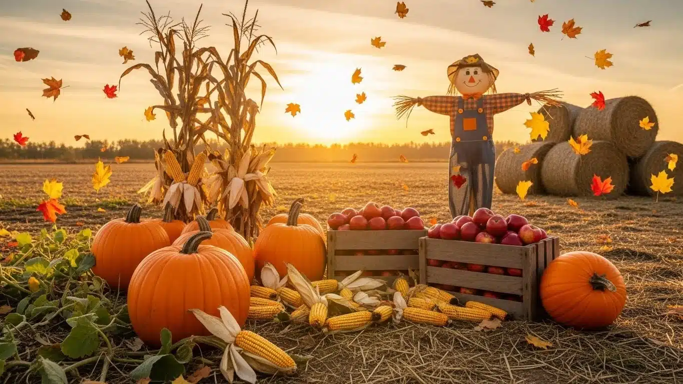 September harvest scene featuring pumpkins corn scarecrow and fall decorations