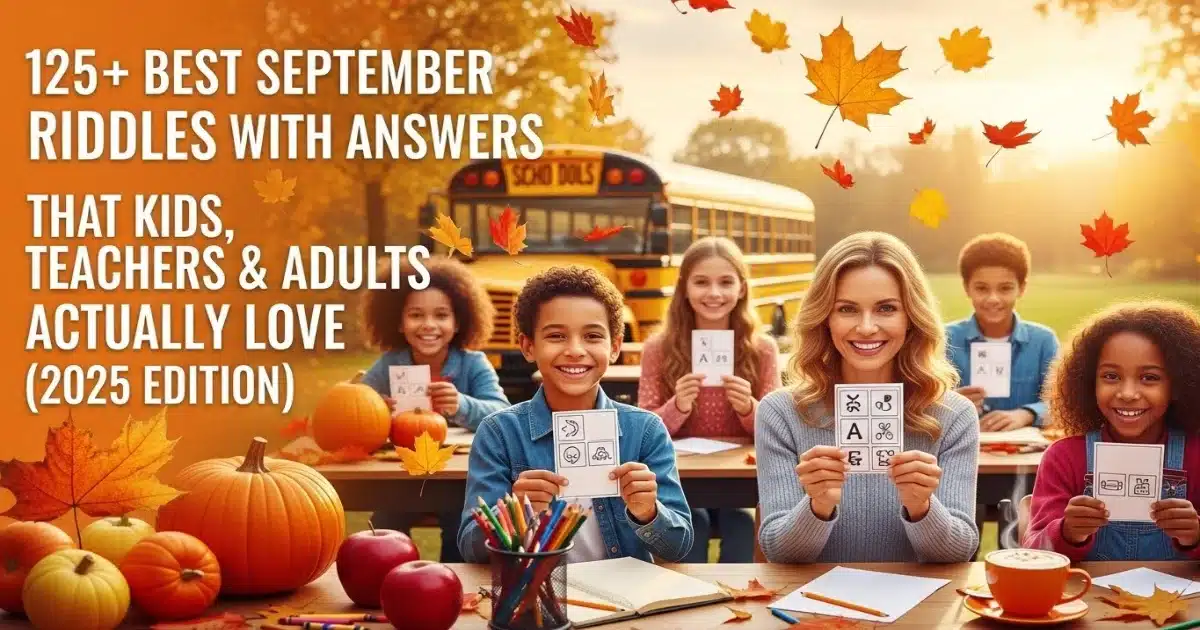 Kids and teacher solving September riddles with autumn decorations