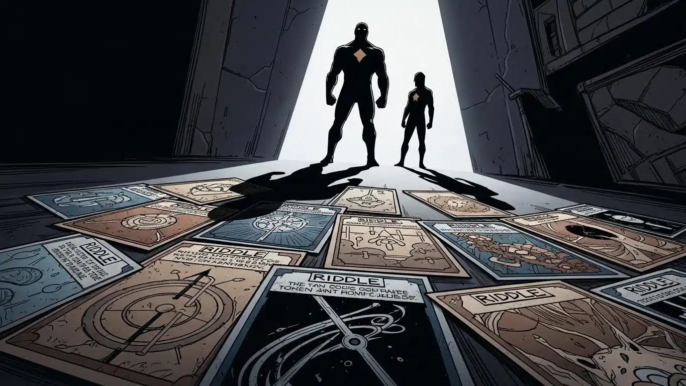 Dramatic silhouettes of heroes standing over riddle cards mystery scene