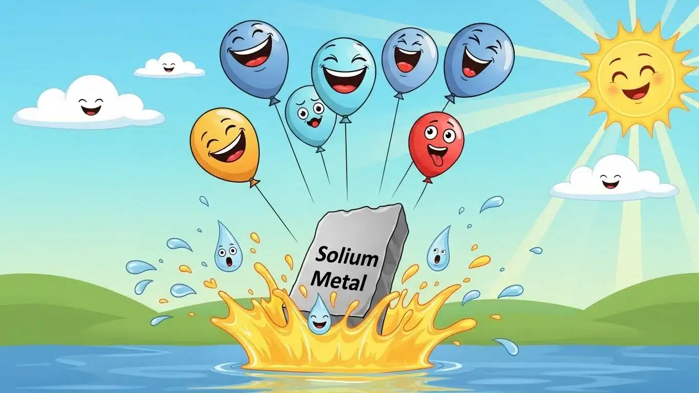 Cartoon illustration of sodium metal creating explosive reaction in water