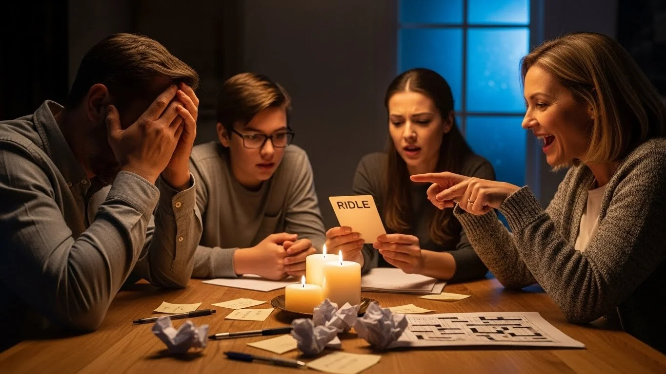 Group intensely solving challenging Christmas riddles by candlelight