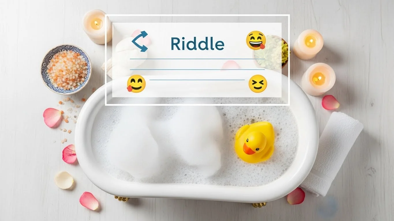 Clean bath setting with riddle card rubber duck and spa candles in bathtub riddles