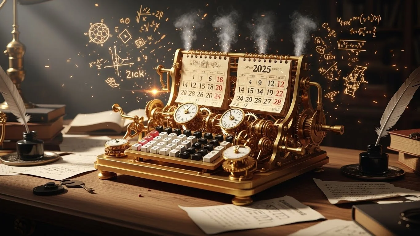 Elaborate steampunk brass calendar machine with gears and dials