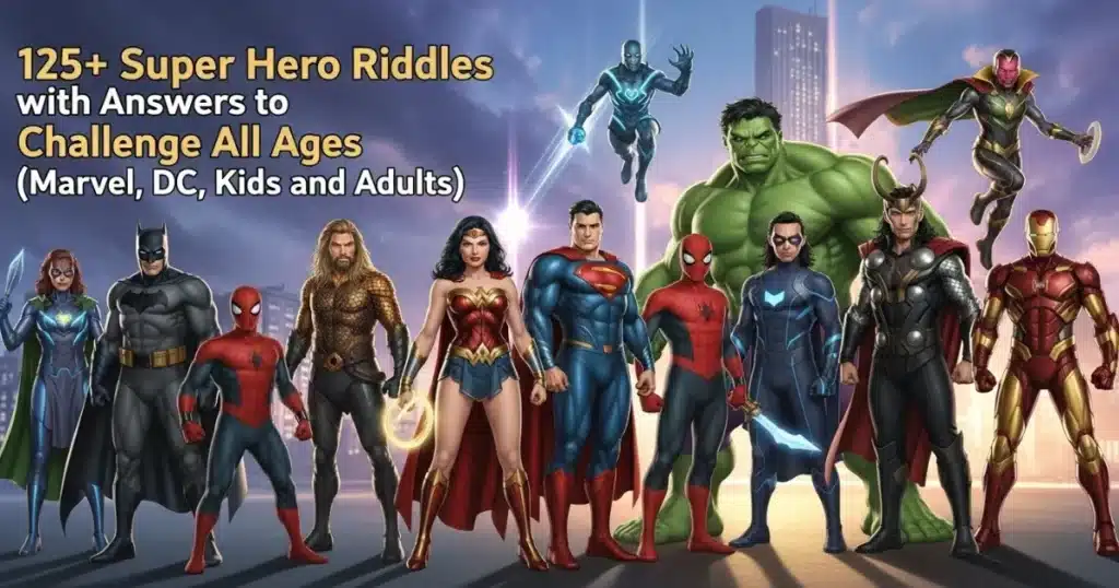 Marvel and DC superhero lineup for riddle challenge collection