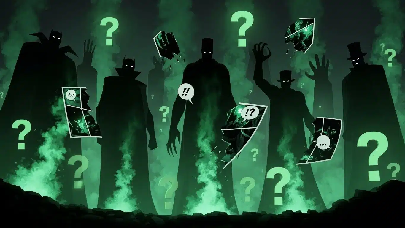 Mysterious villain and hero silhouettes with question marks riddle challenge