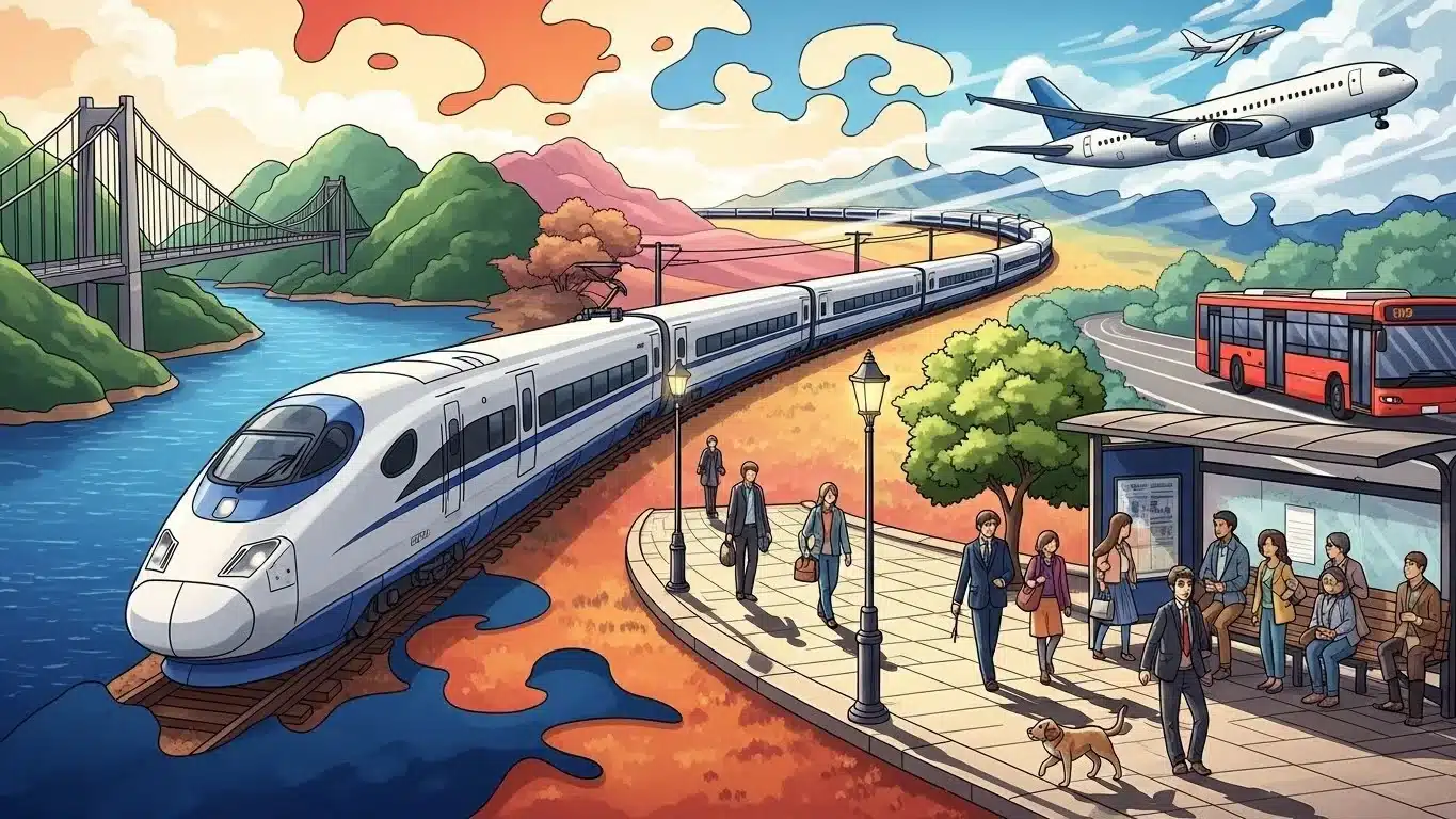 125+ Riddles About Locations with Answers — Ultimate Puzzle List for Geography Fans & Treasure 2 Colorful illustration of train, airplane, and bus at transit station