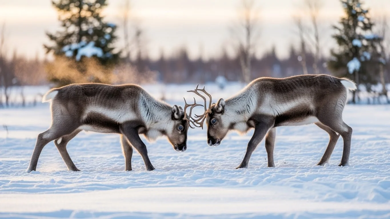 Two reindeer with antlers touching in playful winter interaction